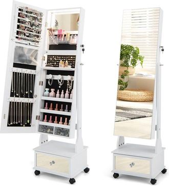 Costway Costway - Armadio Portagioie con Ruote, Armadietto Portagioielli Inclinabile con Luci led a 3 Colori, Specchio a Figura Intera e Cassetto, Ripiano