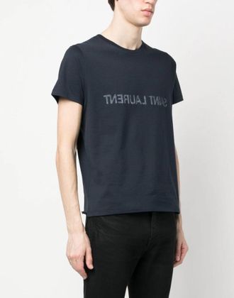 Saint Laurent Mens Reverse Logo Print T-Shirt Blue Clothing > Polo & T-Shirts