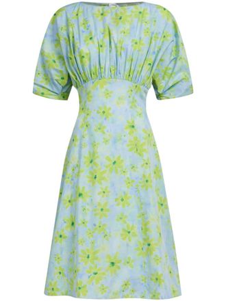 Marni gathered floral-print cotton dress - women - Cotton - 40 - Blue