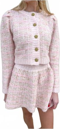 Moon River Tweed Button Up Knit Sweater In Pink