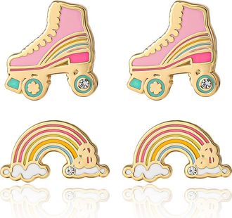 BARBIE 18k Gold Flash-Plated Skates and Rainbow Stud Earrings, 2-Pack in Multi at Nordstrom