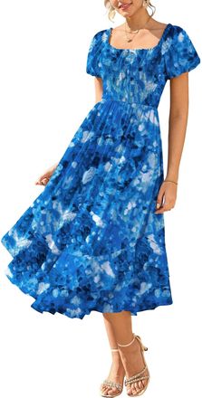 Grace Karin Women Summer Chiffon Dresses Puff Sleeve Square Neck A-line Floral Maxi Dress for Wedding Beach Dark Blue XL