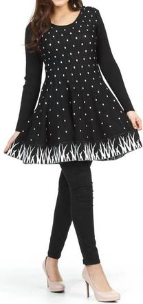 Papillon Polka Dot Ribbed Flare Hem Sweater Dress In Black
