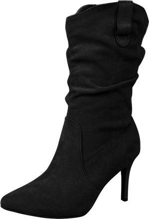 Generic Calf Length Boots for Women UK, Womens Suede Slouch Mid Calf Boots Pointed Toe Classic Elegant Stilettos Wide-Calf Pull on Ruched High Heel Booties Ve