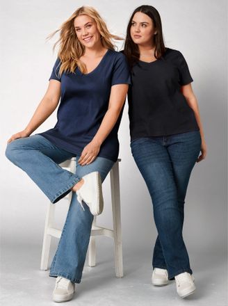 Sheego T-Shirt SHEEGO T-Shirt, Damen, Gr. 40/42, blau (marine), 100% Baumwolle, unifarben, V-Ausschnitt, Shirts T-Shirt