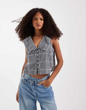 Free People Waiting for Me - Crop top blu navy combo a quadretti-Multicolore