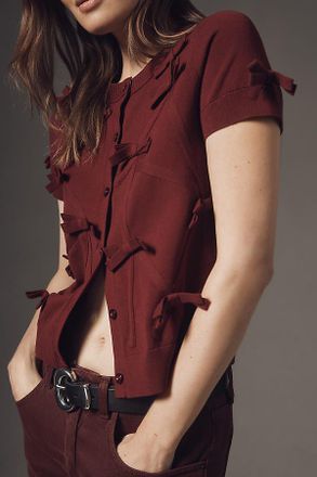 Maeve Short-Sleeve Bow Appliqu&eacute; Cardigan Sweater