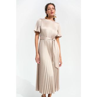 Joseph Ribkoff Signature | Pleated Satin Fit And Flare Dress With Sash Belt in Sand at Nordstrom, Size X-Small