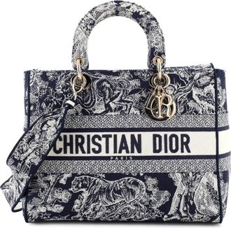 Dior Borsa tote Lady D-Lite grande in tela con ricamo - Blu