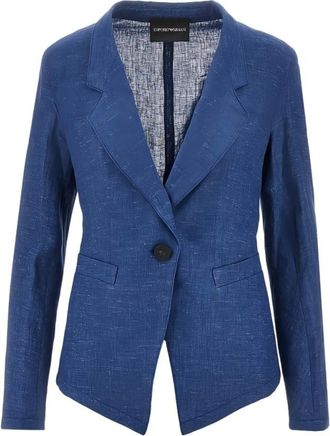 Emporio Armani Blazers, female, Blue, Size: XS Linen Chambray Lapel Jacket