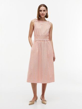 Tommy Hilfiger Womens Shirred Gingham Seersucker Midi Dress - Orange Gingham - XL