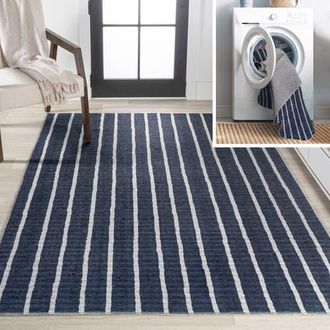 Jonathan Y Designs Rand Distressed Ticking Stripe Machine-Washable Area Rug in Navy/gray at Nordstrom, Size 2Ft 0In X 8Ft 0In
