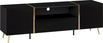 Vente-Unique Mueble TV con 2 puertas, 1 caj&oacute;n y 1 estante - Negro brillante y Dorado - MARZIALO