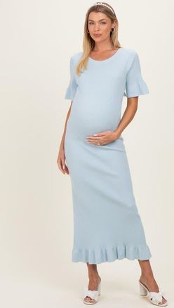 Pinkblush Ribbed Knit Bow Back Ruffle Accent Dress in Light Blue at Nordstrom, Size Medium