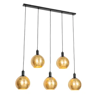 QAZQA Dise&ntilde;o L&aacute;mpara Colgante De Dise&ntilde;o Negra Con Cristal Dorado 5 Luces - Bert Vidrio /acero Alargada Adecuado Para Led Max. 5 X 40 Watt - Qazqa
