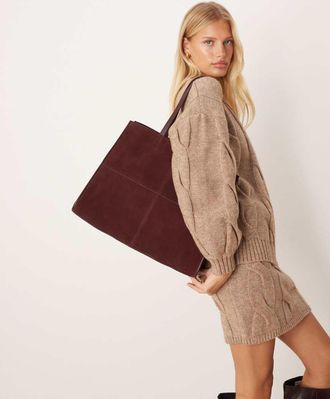 Mango Borsa shopping strutturata in camoscio rosso ciliegia