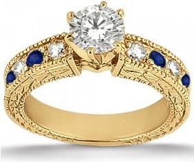 Allurez Antique Diamond & Blue Sapphire Engagement Ring 14k Yellow Gold (0.75ct)
