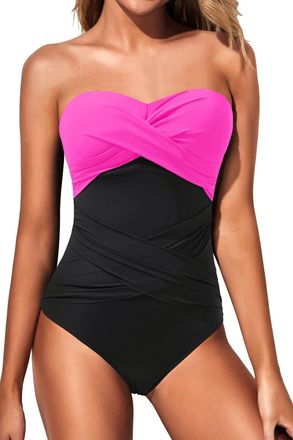 Holipick Women Strapless One Piece Swimsuits Tummy Control Bandeau Bathing Suits Retro Slimming Swimwear, Pink and Black, Large