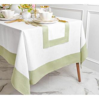 Solino Home Linen Tablecloth for Dining Table, Holiday and Everyday Dining Table Decor - Contempo in Sage Green And White at Nordstrom, Size Xx-Large