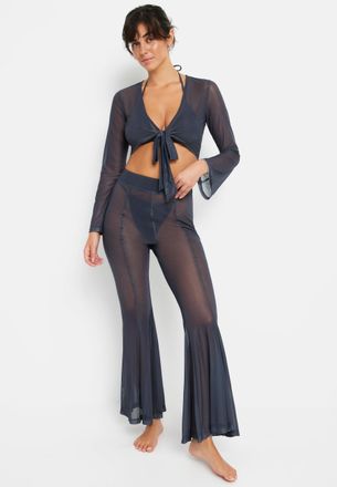 Lascana Langarmshirt LSCN BY LASCANA, Damen, Gr. 34, grau (anthrazit), Netz, Obermaterial: 95% Polyester, 5% Elasthan, unifarben, figurbetont kurz, tiefer V-A