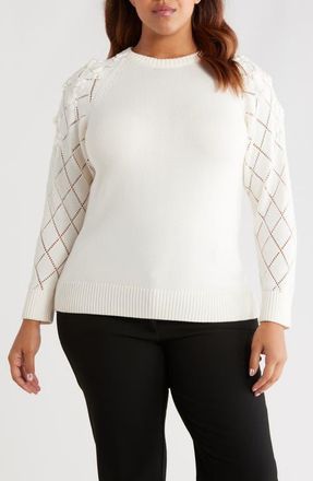 Anne Klein Floral Embellished Crewneck Sweater in White Dove at Nordstrom, Size 3X