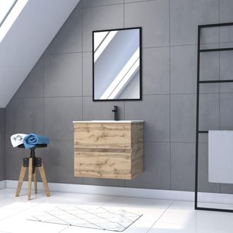 Aurlane Aurlane - Mueble De Ba&ntilde;o 60x54 Cm - Acabado Roble Natural + Lavabo Blanco + Espejo