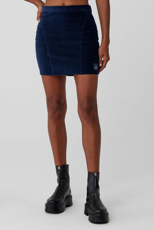 | Micro Corduroy Winter Break Mini Skirt in Navy Blue, Size: Small