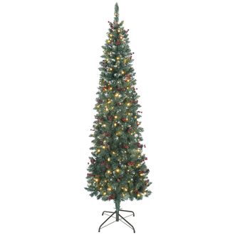 OEM &Aacute;rbol De Navidad Estrecho 210 Cm Con Luces Led 8 Modos De Iluminaci&oacute;n Ramas Con Purpurina Plateada Pi&ntilde;as Bayas Verde