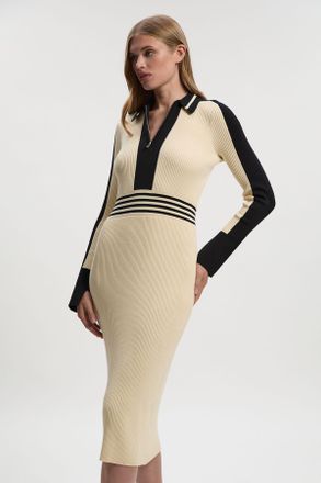 Karen Millen Womens Rib Knit Polo Zip Up Midi Dress - Cream Viscose - Size Small