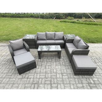 Fimous 8 Seater High Back Rattan Garden Furniture Set with Reclining Chair Rectangular Coffee Table 2 Side Tables 2 Big Footstool Indoor Outdoor Patio