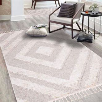 Carpet City Hochflor-Teppich »Valencia 813« rechteckig 20 mm Höhe Läufer, Boho-Stil, 3D-Effekt, Raute, Hoch-Tief-Struktur, mit Fransen