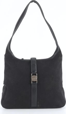 Ferragamo Black Leather Canvas Handbag Shoulder Bag Tote Bag (Pre-Owned)
