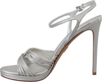 Prada Womens Ankle Strap Leather Sandal Silver Heels