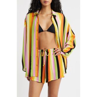 Rip Curl x Farm Rio Neon Stripe Relaxed Button-Up Shirt in Orange Multi at Nordstrom, Size Xx-Small
