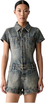 Miss Sixty Patchwork-logo Denim Playsuit - Dames - Playsuits - Blauw - M - Denim - Jumpsuits & Playsuits