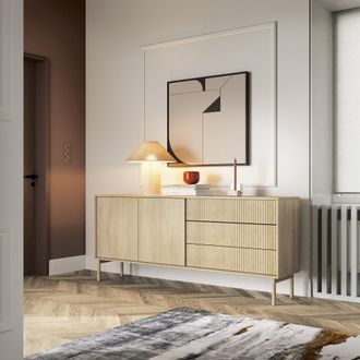 Dmora Creencia Haza, Aparador 3 Cajones, 2 Estantes, Apertura Con Puertas, Corredera, 187x40x80h Cm Marr&oacute;n Roble