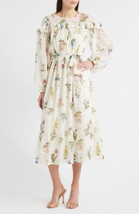 ZOE AND CLAIRE Printed Ruffle Long Sleeve Tie Belt Chiffon Midi Dress in Cream Multi at Nordstrom, Size X-Large