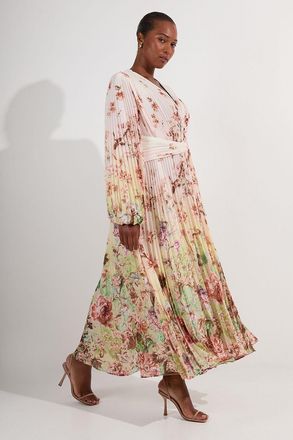 Karen Millen Womens Plus Size Scattered Floral Balloon Sleeve Pleated Crinkle Cut Out Woven Maxi Dress - White - Size 20 UK