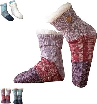 Generic Knitted Ultra-Thick Slipper Home Socks, Tri-color Knit Patchwork Non-Slip Warm Winter Socks, Ultra-Thick Lounge Wear Socks, Cozy Warm Winter Indoor We