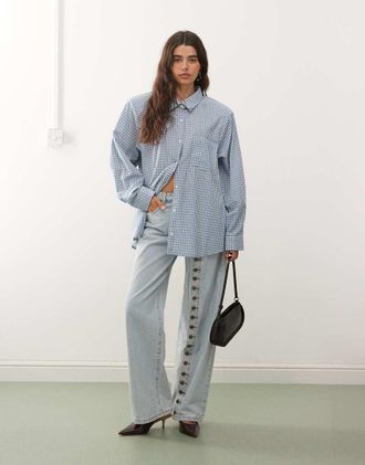 Lioness Notting Hill - Camicia azzurra a quadri oversize con spalline imbottite e bottone multiposizione-Blu