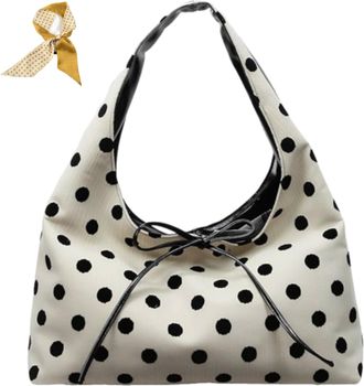 Generic Slouchy Polka Dot Tote Bag for Women,Cute Bow Tie Crescent Hobo Bags,Large Underarm Shoulder Handbag,Satchel for Travel Work (Black)