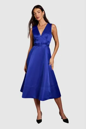Coast V-Neck Satin Midi Dress in Cobalt at Nordstrom, Size 14