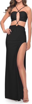 La Femme Unique Jersey Gown with Front Cut Outs and Criss Cross Straps in Black at Nordstrom, Size 00