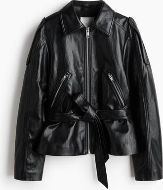 H&M Jacke mit Coating und Bindeg&uuml;rtel - Schwarz