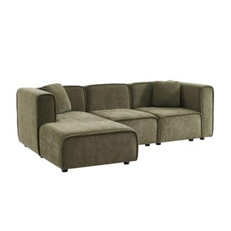 Sweeek Sof&aacute; esquinero izquierdo de tela liso, 3 plazas, verde kaki