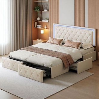 OEM Cama Doble 140x200 - Cajones Integrados - Iluminaci&oacute;n Led Rgb - Cabezal De Imitacion Cuero - Moderno Blanco Roto