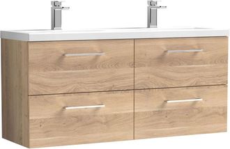 Nuie Nuie - Arno Bleached Oak Woodgrain 1200mm Wall Hung 4 Drawer Vanity Unit with Double Ceramic Basins - ARN3024F