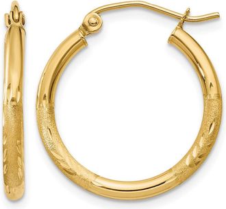 Diamond2Deal 14k Gold Satin & Diamond-cut 2x20mm Round Hoop Earrings