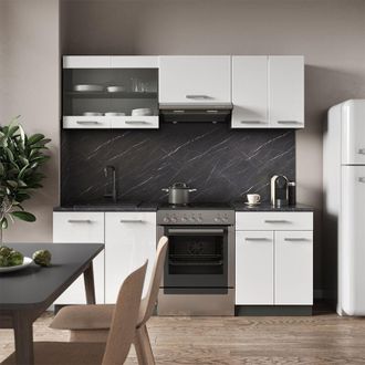 Vicco Mueble De Cocina R-line, Blanco Brillo/antracita, 200 Cm Sin Encimera