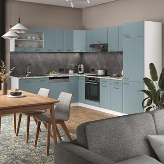 Vicco Cucina angolare completa R-Line, Blu-grigio/bianco, 227 x 287 cm senza piano di lavoro, Vicco